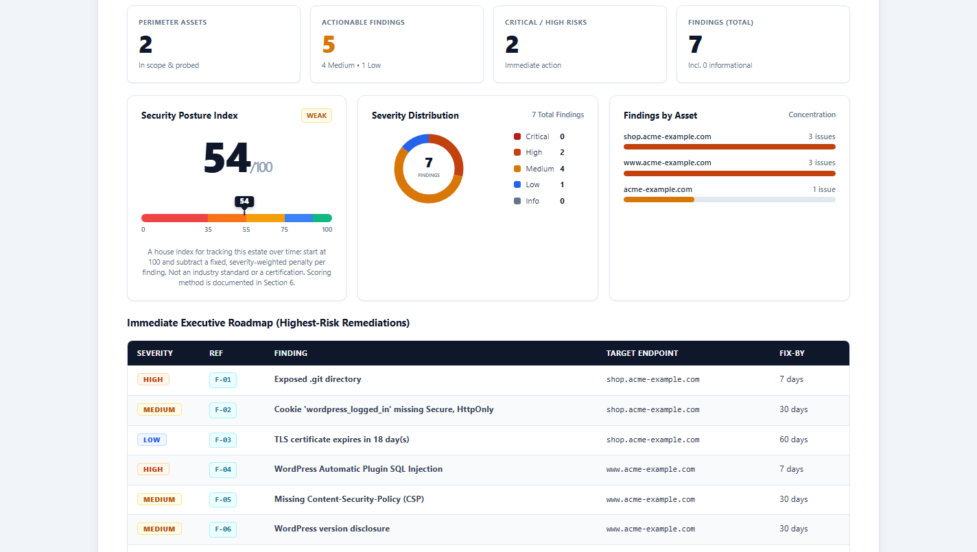 ViperVAPT client report: executive briefing with security posture index, severity distribution and remediation roadmap